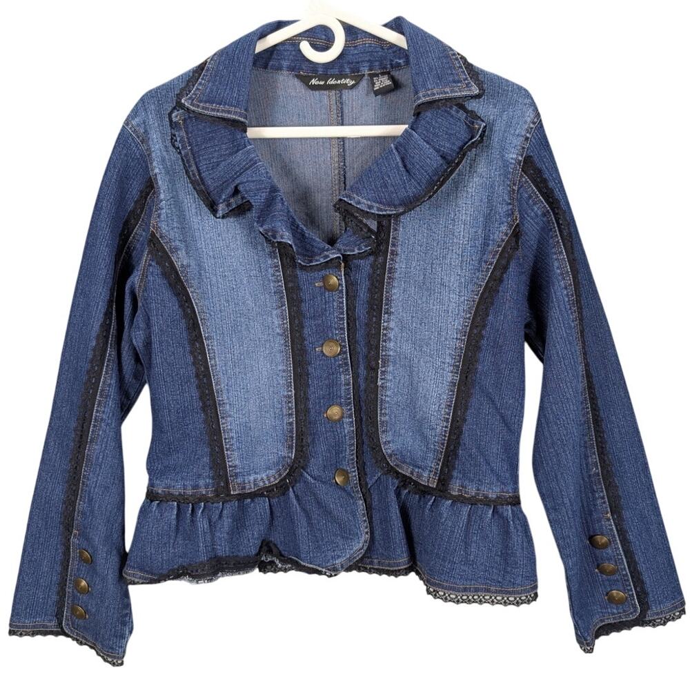 New Identity Jean Jacket Womens Large Blue Denim Black Lace Ruffles Whimsygoth